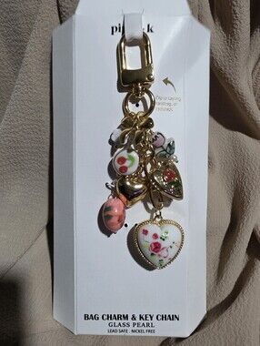 Piper K bag charm/key chain with glass pearls, floral & heart accents & Locket